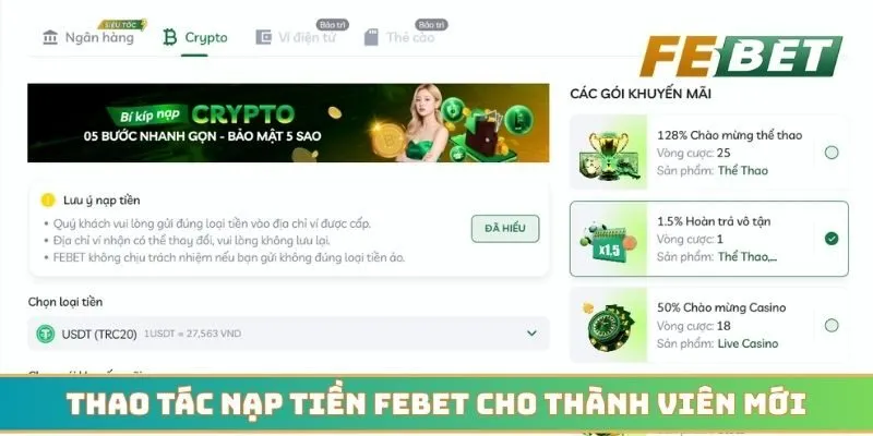 Thao tác nạp tiền Febet chuẩn cho thành viên mới